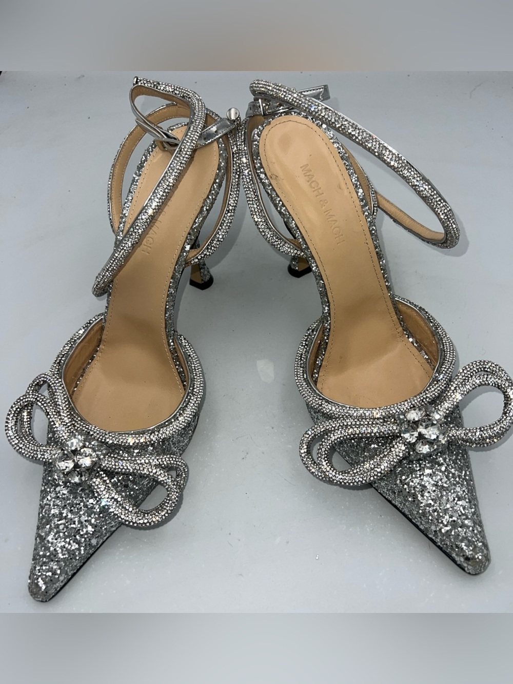 Mach & Mach Double Bow Glitter Crystal Embellished Heels Leather Women’s EU 39.5